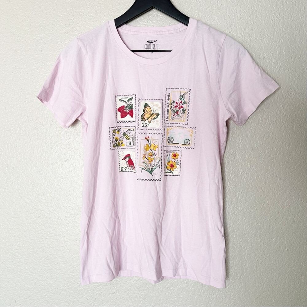 J. Crew‎ Factory Womens Shirt Stamps Graphic Tee Pink Size Small